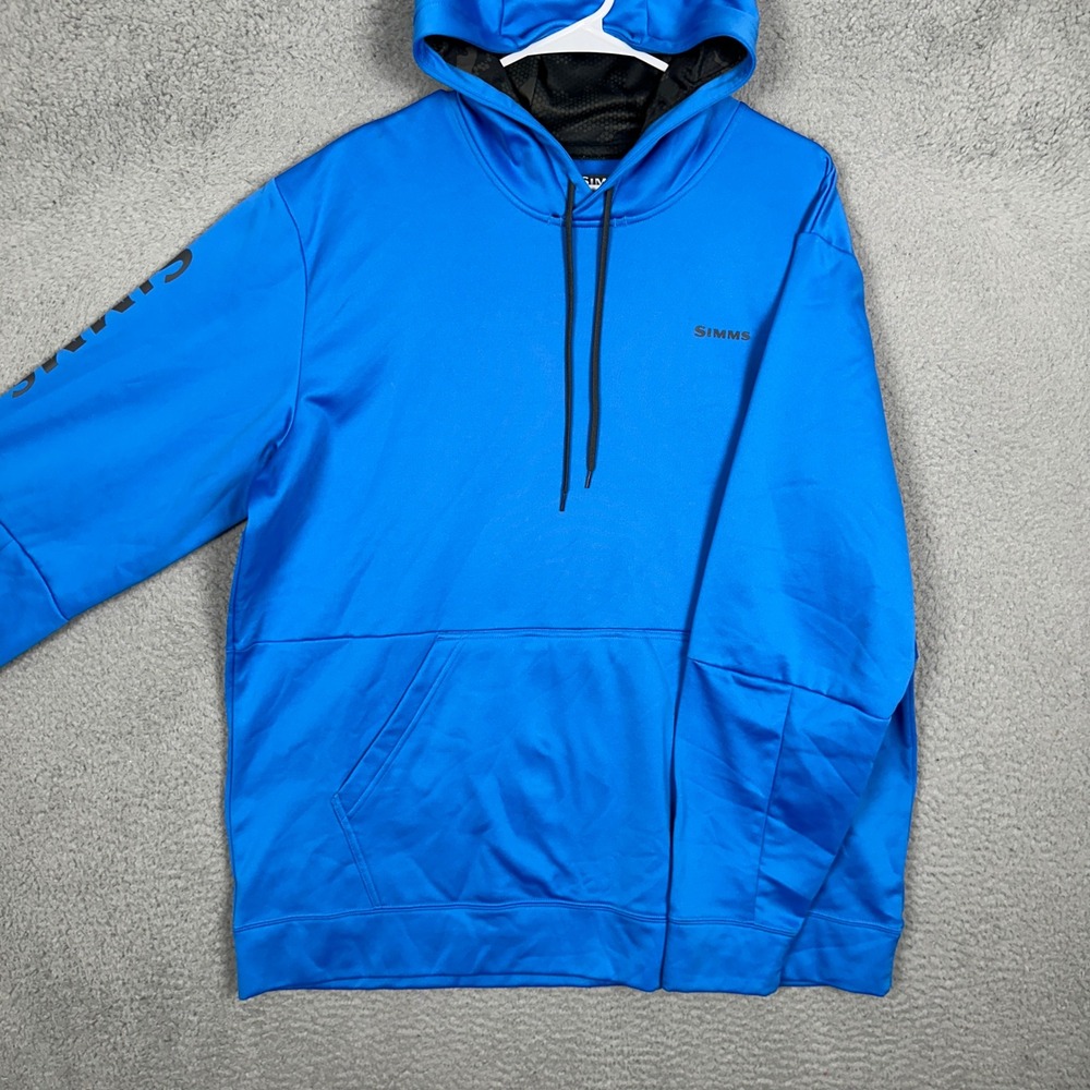 Simms Hoodie Mens XL Pullover Blue Spell Out Fishing Performance Sweatshirt EUC